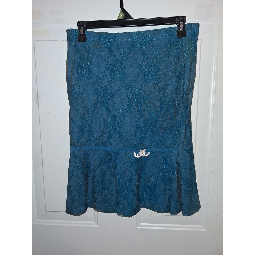 Jubi USA Vintage Y2K Boho Green Lace Overlay Skirt Rhinestone Detail Medium